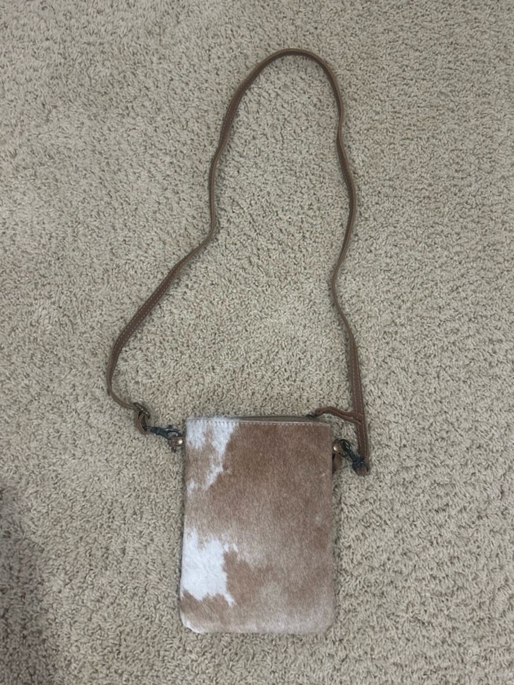 Myra Cowhide Crossbody Phone Bag in Brown and White